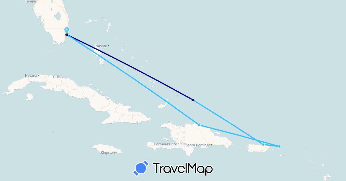 TravelMap itinerary: driving, boat in Dominican Republic, Puerto Rico, Turks and Caicos Islands, United States, U.S. Virgin Islands (North America)