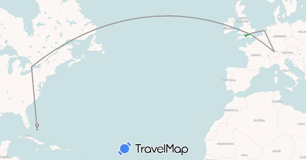 TravelMap itinerary: driving, bus, plane in Bahamas, Canada, Switzerland, United Kingdom, Netherlands (Europe, North America)